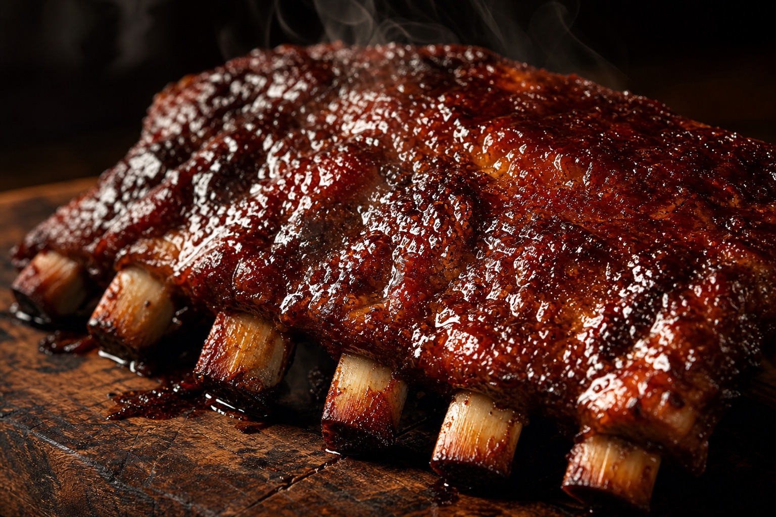 Ilustracja żeberek z błyszczącą glazurą BBQ na desce